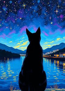 Schwarze Katze schaut in den Himmel