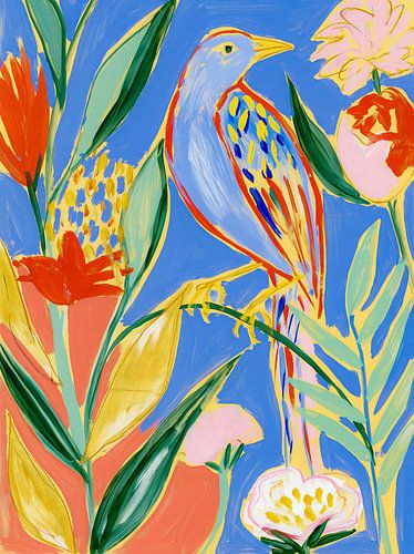 Un oiseau parmi des fleurs joyeuses