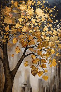 Goldener Baum in abstrakter Stadtlandschaft