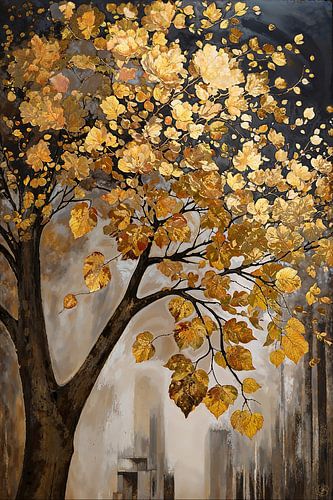 Gouden Boom in Abstract Stadsgezicht