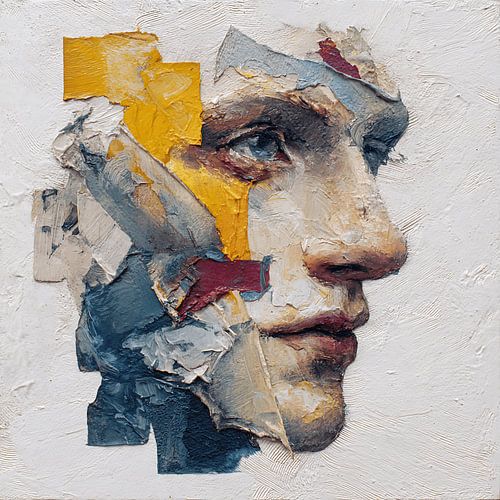 Visage fragmenté en couches abstraites et douces – Portrait expressif à l'acrylique