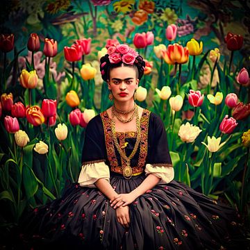 Portret Mexicaanse Frida in tulpen veld van Vlindertuin Art