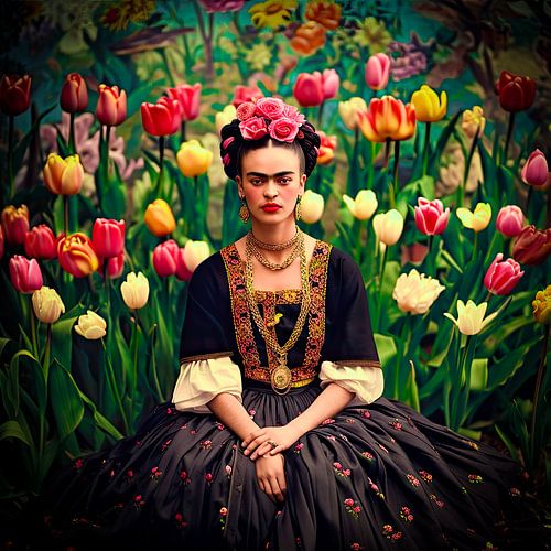 Portret Mexicaanse Frida in tulpen veld