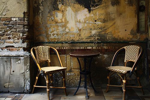 Versleten muur met klassieke bistrostoelen