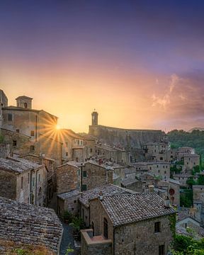 Sorano village on tuff at sunset. Tuscany, Italy by Stefano Orazzini