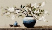 A still life of a vase with white green blossom branches . by J.a Dijkstra thumbnail