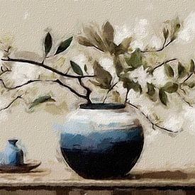 A still life of a vase with white green blossom branches . by J.a Dijkstra