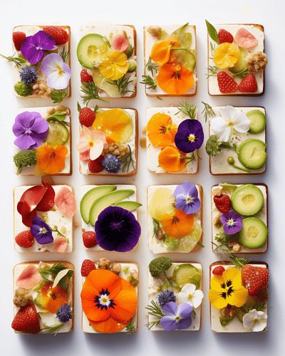 Flatlay von organisierten Crackern mit leckeren Dingen und essbaren Blumen