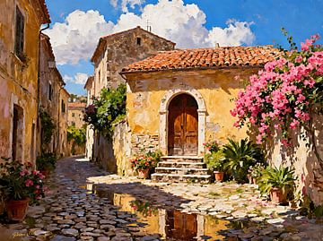 Romantisch dorp – Bougainvillea op okerkleurige muren van Johannas Art Creations