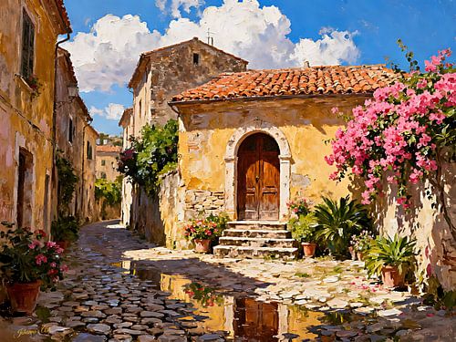 Romantisch dorp – Bougainvillea op okerkleurige muren