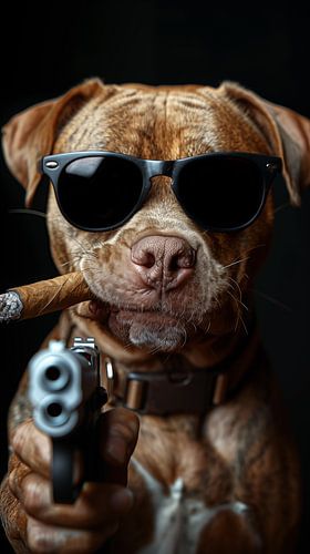Pitbull mit Gewehr stehend panorama