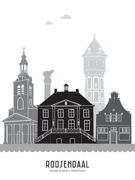 Skyline illustration city Roosendaal black-white-grey by Mevrouw Emmer