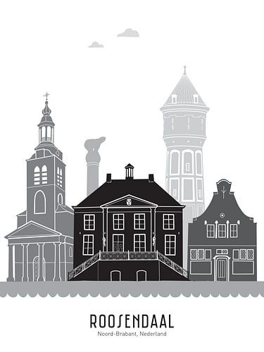 Skyline illustratie stad Roosendaal zwart-wit-grijs
