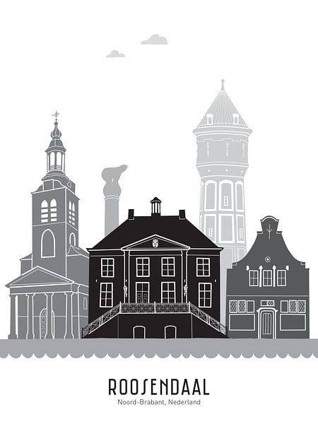 Skyline Illustration Stadt Roosendaal schwarz-weiß-grau von Mevrouw Emmer