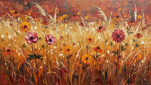 Sfeervol herfst schilderij: Veld met grassen en bloemen.