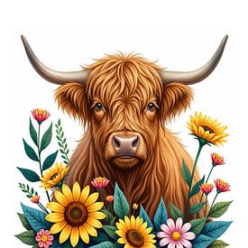 Un Highlander écossais haut en couleur avec des tournesols - Un portrait joyeux sur DesignByDessie