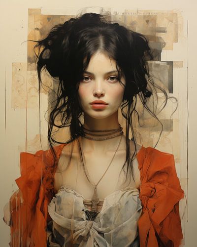 Gemischtes Medienporträt in Erdtönen und Rot