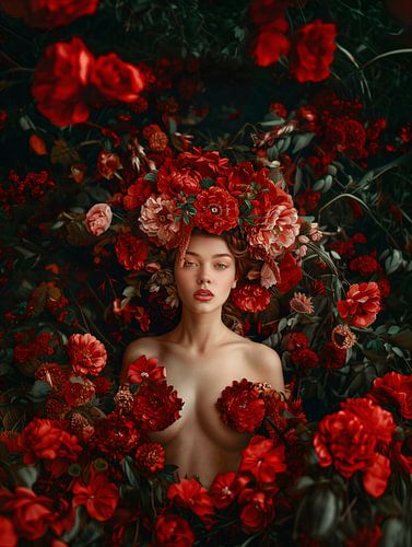 Magical Woman Fused with A Sea of Red Roses