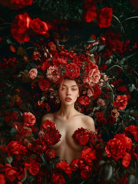 Magical Woman Fused with A Sea of Red Roses by Glitzy Fusion Frames