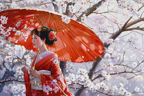 Japanse Geisha in het park met sakura kersenbloesem