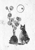Kat met bloemenvaas