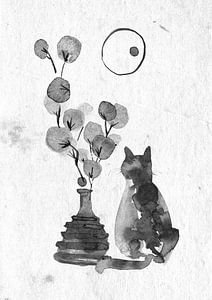Katze mit Blumenvase