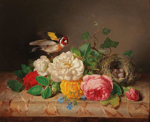 Rozenstuk met distelvink en vogelnestje, Josef Lauer