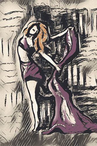 Abstract werk in paars oranje en beige