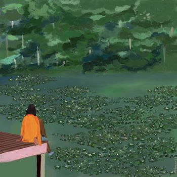 Mädchen, das den Seerosensee betrachtet