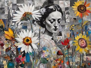 Abstracte collage van bloemen met vrouwenportret van Retrotimes