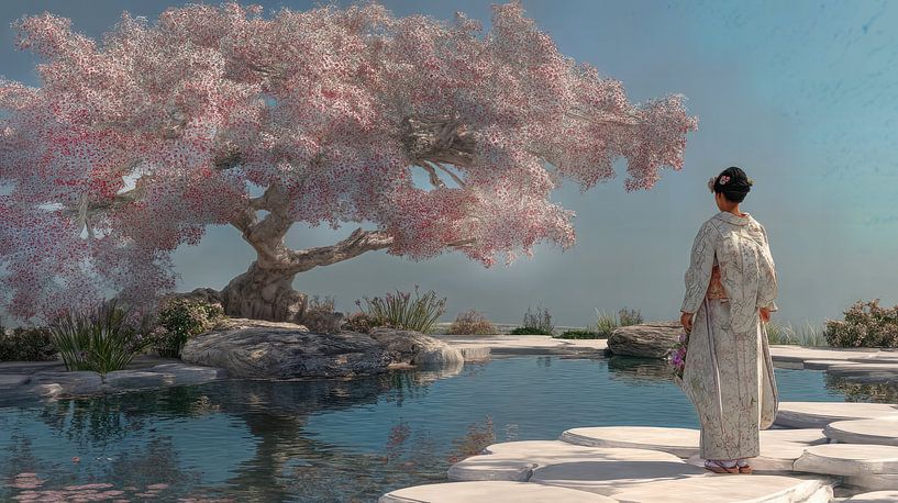 Geisha in Japanese garden by Egon Zitter