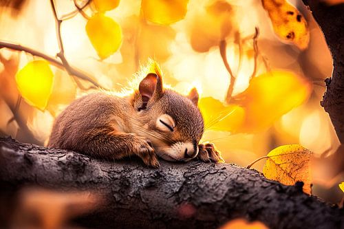 Écureuil endormi dans la lumière d'automne