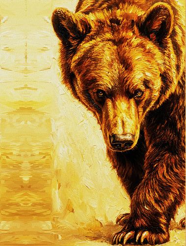 Peinture à l'huile réaliste d'un ours brun - Art mural animalier avec tons chauds et coups de pinceau texturés