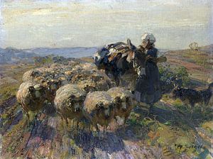 Schafherde mit Hirtin und Esel auf dem Feld, HEINRICH VON ZÜGEL, Um 1925