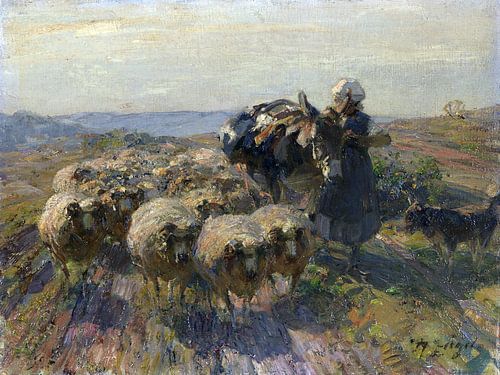 Kudde schapen met herderin en ezel in het veld,  HEINRICH VON ZÜGEL, ca 1925