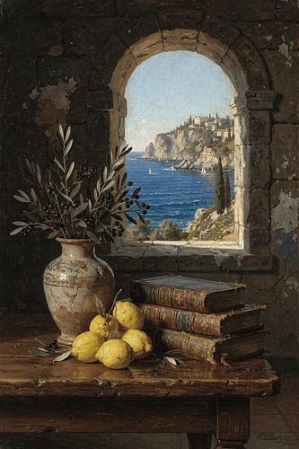Toile « Fenêtre sur la Méditerranée » - Nature morte antique en intérieur - Paysage côtier italien