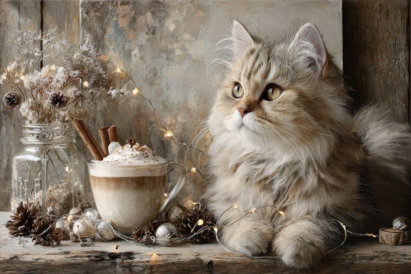 Katze mit Cappuccino - Warmes und gemütliches Stillleben von Joriali Fotografie und Gemälde