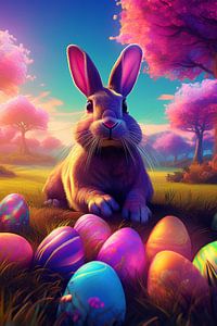 Osterhase mit bunten Ostereiern im Gras mit Birkenbäumen