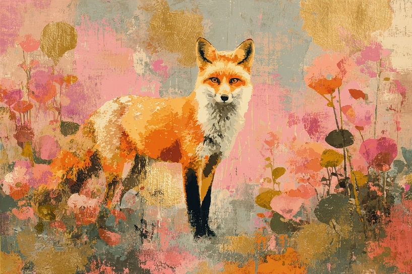 Fuchs mit Blumen – Acrylmalerei Vintage von Niklas Maximilian