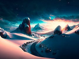 Winterlandschap met zonsondergang