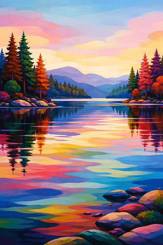 A colourful lake at sunset