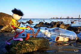 Fubby bericht in een fles. Flessenpost aan de kust.