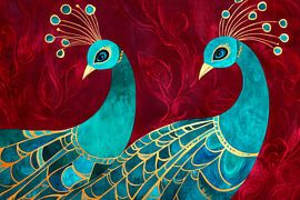 Elegant peacocks against a red background by Poster Art Shop