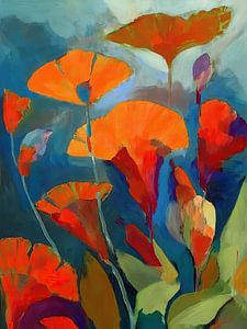 Modern abstract: Colorful poppies against blue sky