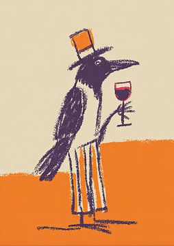 Paars vogeltje met wijnglas en hoed