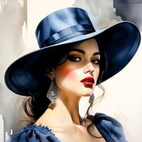 Dark-haired lady with blue hat and dress - watercolour portrait