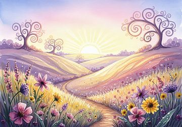 Aquarellandschap met pad, bomen en wilde bloemen van Markus Gann