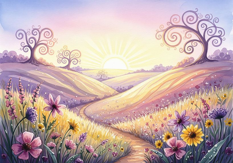 Aquarell-Landschaft mit Weg, Bäumen und Wildblumen von Markus Gann