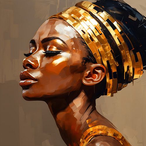 Portret van vrouw in gouden en donkere warme tinten