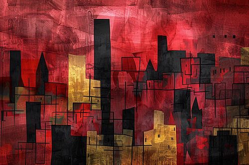 Abstracte digitale skyline kunst in levendige kleuren